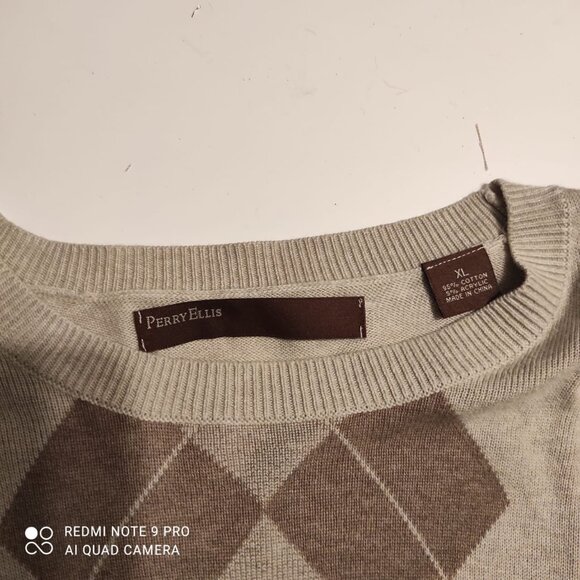 Perry Ellis Mens Argyle Sweater XL Beige & Brown Cotton Blend Crewneck - Picture 9 of 9